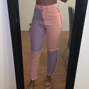 pink and purple patchwork jeans